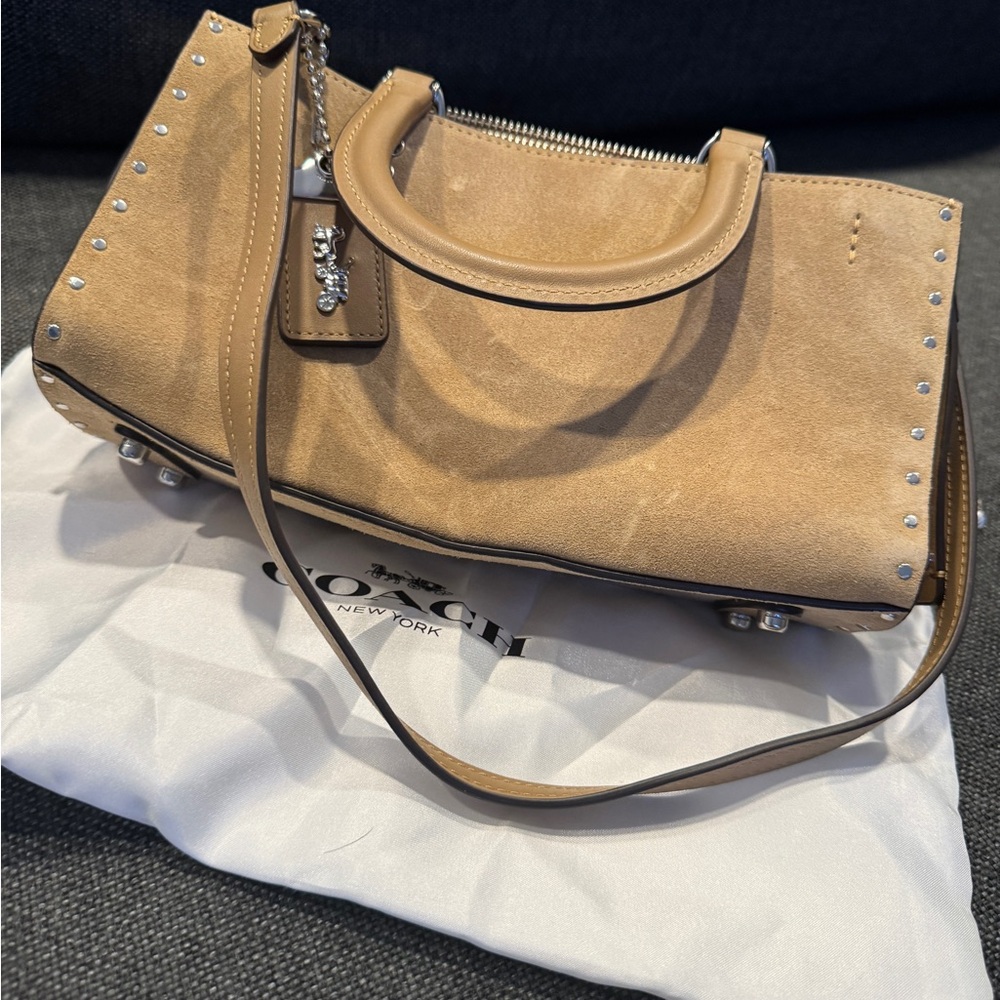 Coach Beige Suede Satchel with Silver Accents